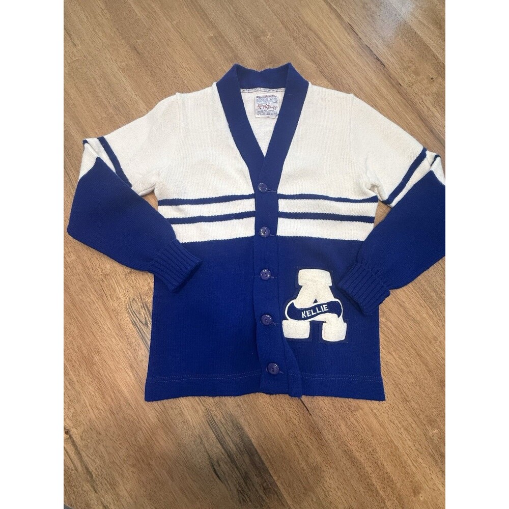 Vintage 80s Cheerleader Sweater Cardigan Cheer Blue OffWhite Small Retro Kellie